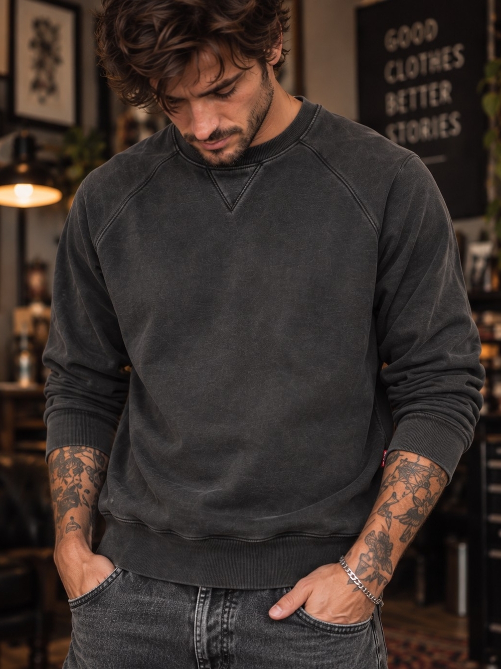 Levi's Made & Crafted Men's M Charcoal Gray Crewneck Sweatshirt Raglan Red Tab